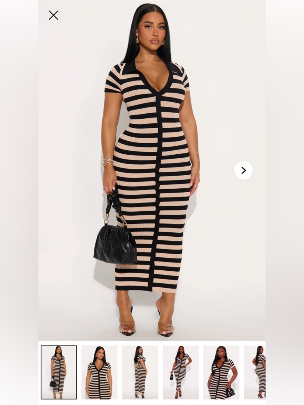 Fashion Nova Black and Beige Striped Ribbed Dress